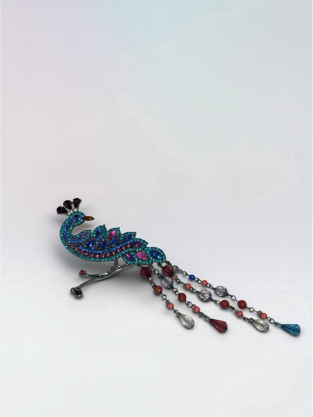 Vintage Signed Avon Multi Colored Jeweled Rhinestone Peacock Dangle Brooch